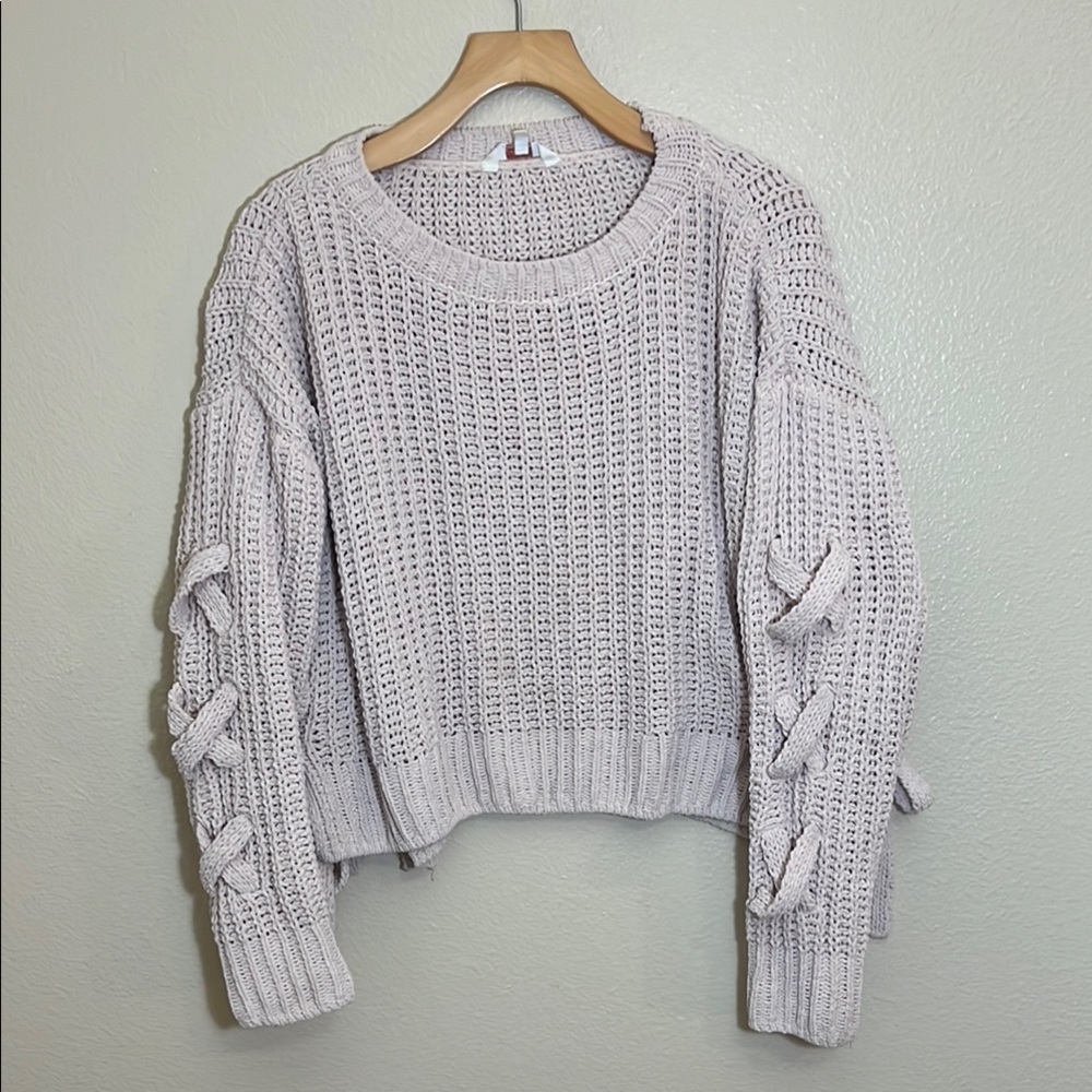 Candie’s Pale Pink Criss Cross Sleeve Knit Crew Neck Sweater